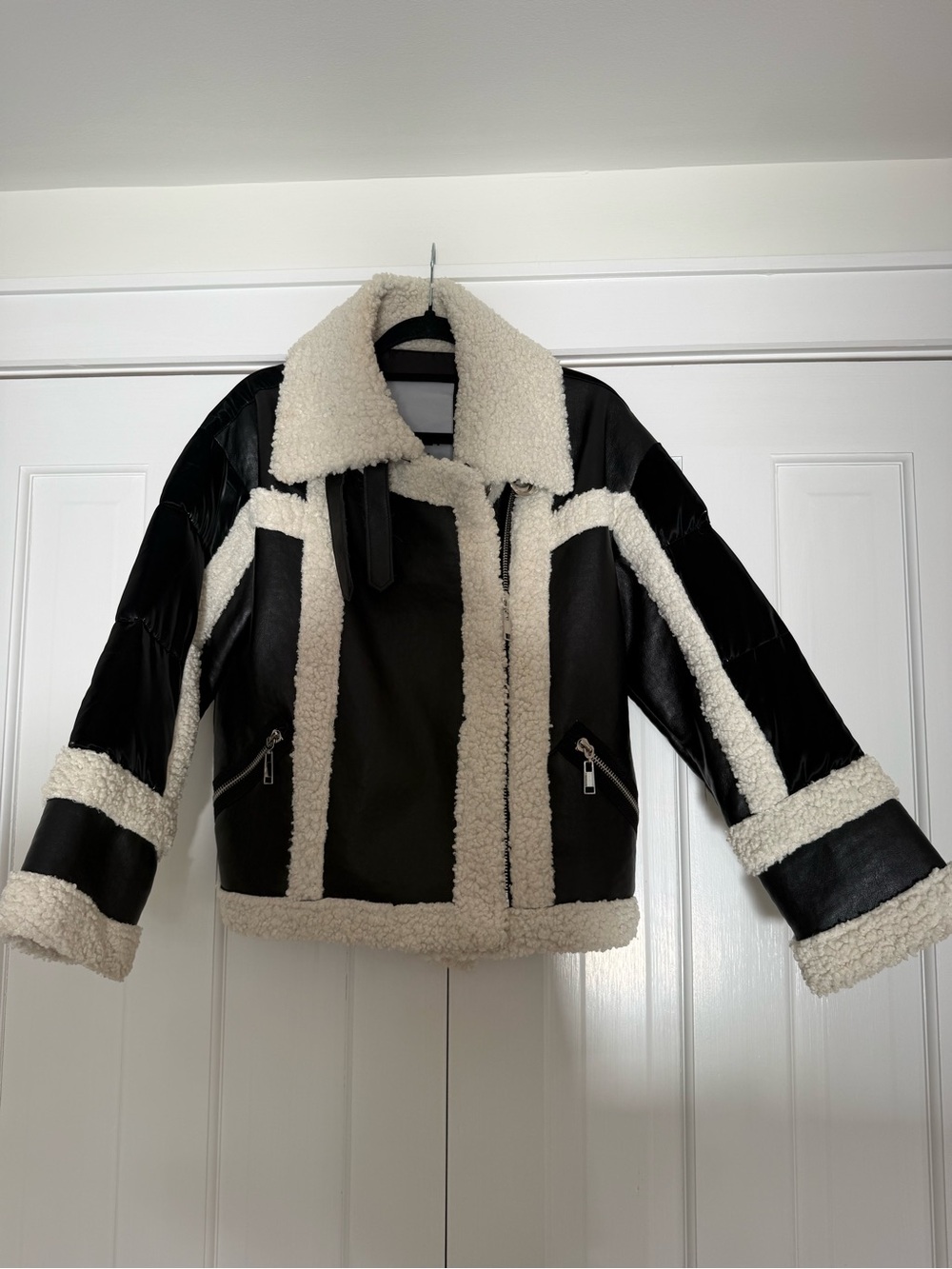 Black & Cream Faux Shearling Aviator Jacket